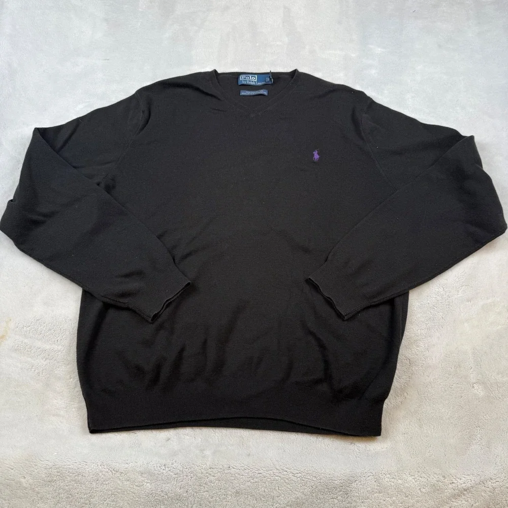 Polo Ralph Lauren Mens V Neck Black 100% Pima Cotton Sweater XL